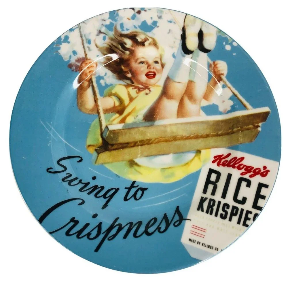 Kelloggs Vintage Rice Krispies Plate & Mug Set Ceramic Cereal 2005 Girl on Swing